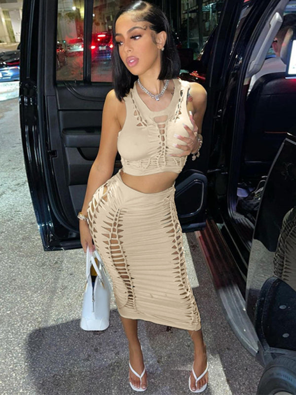 Solid Color Hollow Round Neck Vest & Skirt Set - Serenity Land fashion