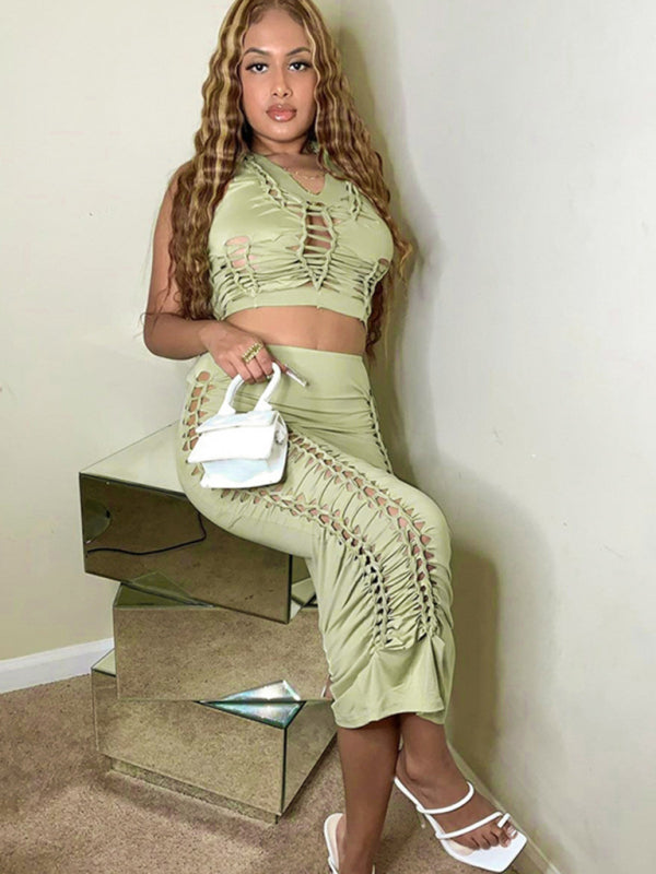 Solid Color Hollow Round Neck Vest & Skirt Set - Serenity Land fashion