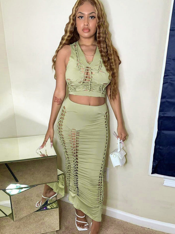 Solid Color Hollow Round Neck Vest & Skirt Set - Serenity Land fashion