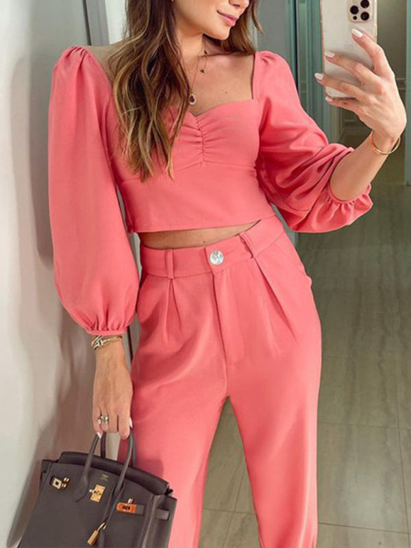 Square collar top high waist trousers two-piece set - Serenity Land fashion