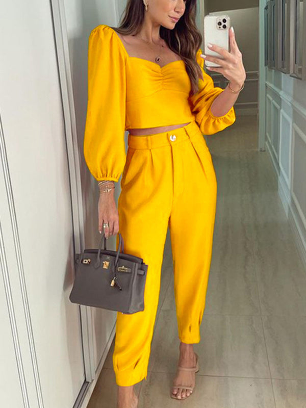 Square collar top high waist trousers two-piece set - Serenity Land fashion