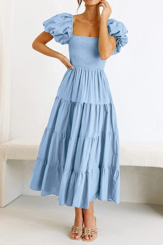 Square Neck Backless Puff Sleeve Pleated Dress - Serenity Land fashion