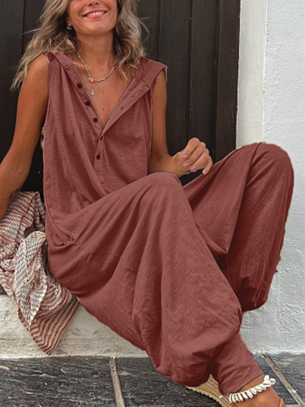 Women's Solid Color Button Hooded Sleeveless Jumpsuit