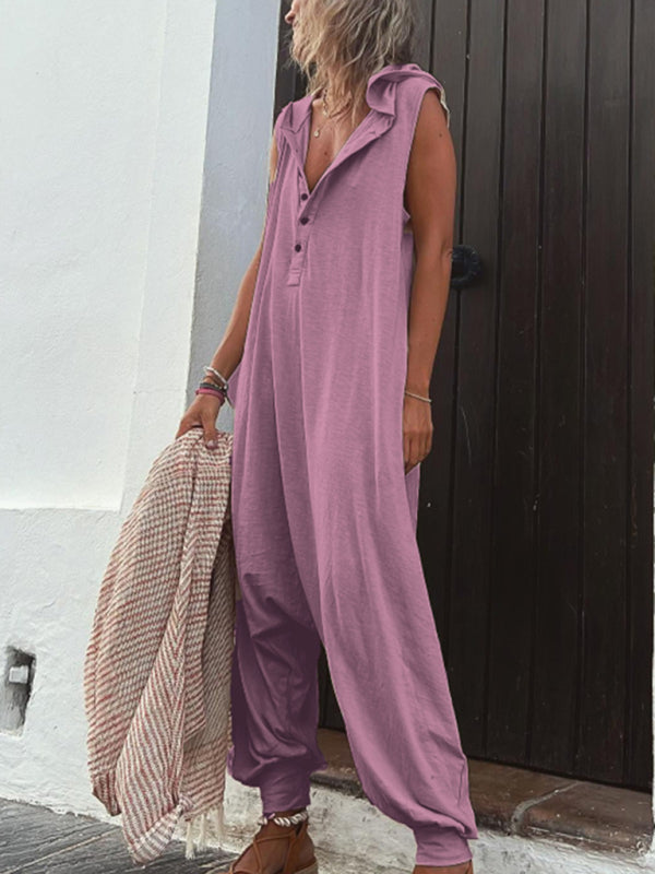 Women's Solid Color Button Hooded Sleeveless Jumpsuit
