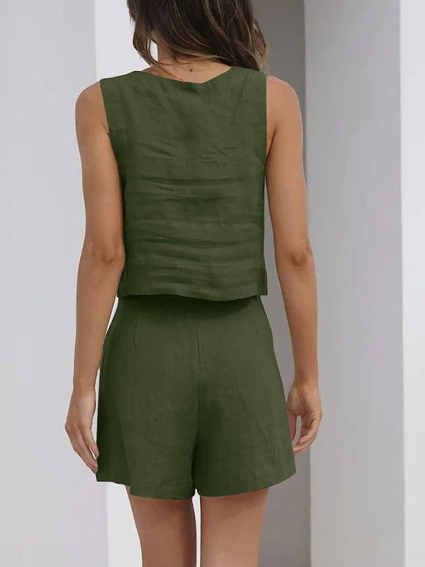 Cotton & Linen blend Sleeveless Square Neck Top + Shorts
