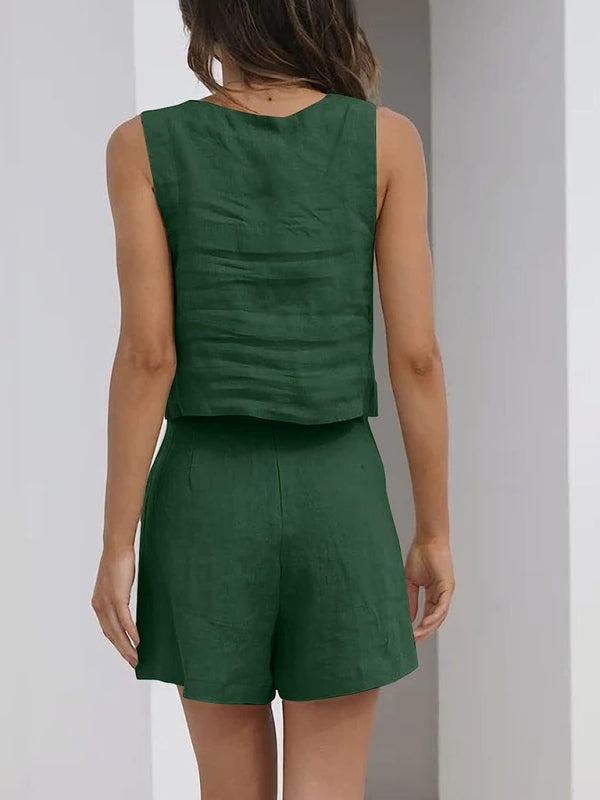 Cotton & Linen blend Sleeveless Square Neck Top + Shorts