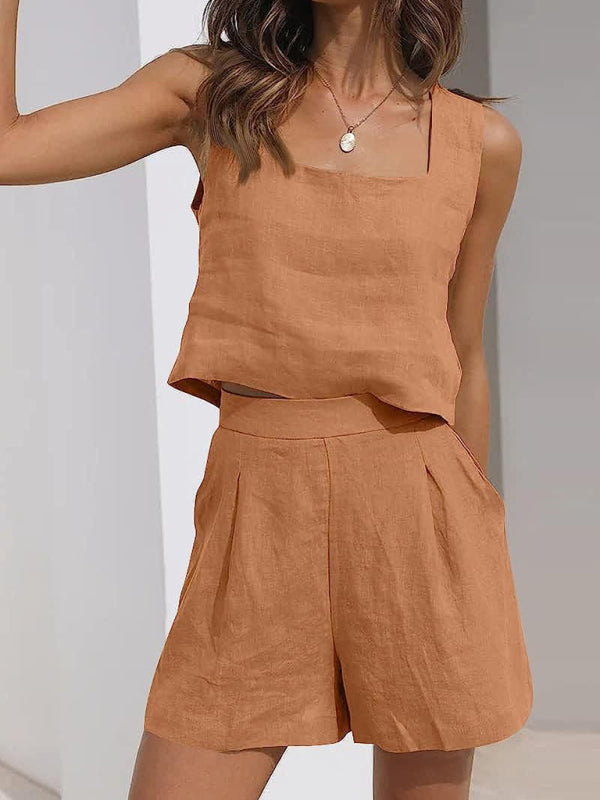 Cotton & Linen blend Sleeveless Square Neck Top + Shorts