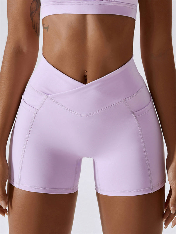 Naked Hip Pocket Crossover Waist Leggings Sports Shorts - Serenity Land fashion