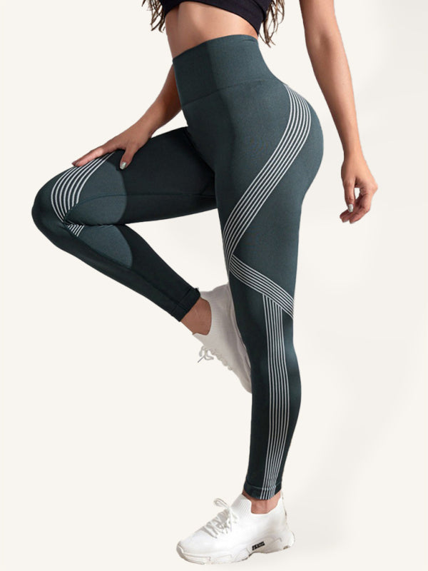 Color Contrasting Stripe High Waist Yoga Pants - Serenity Land fashion