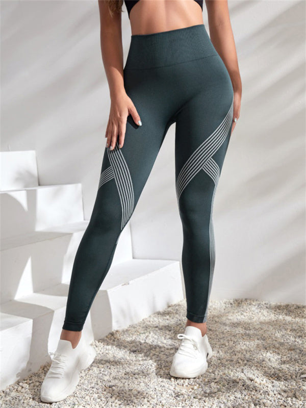 Color Contrasting Stripe High Waist Yoga Pants - Serenity Land fashion