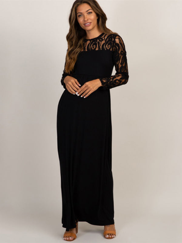Lace Adorned Neckline Long Sleeve Maxi Maternity Dress - Serenity Land fashion
