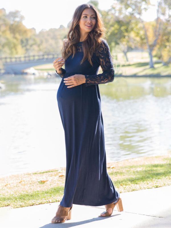 Lace Adorned Neckline Long Sleeve Maxi Maternity Dress - Serenity Land fashion