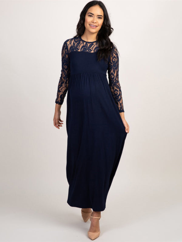 Lace Adorned Neckline Long Sleeve Maxi Maternity Dress - Serenity Land fashion