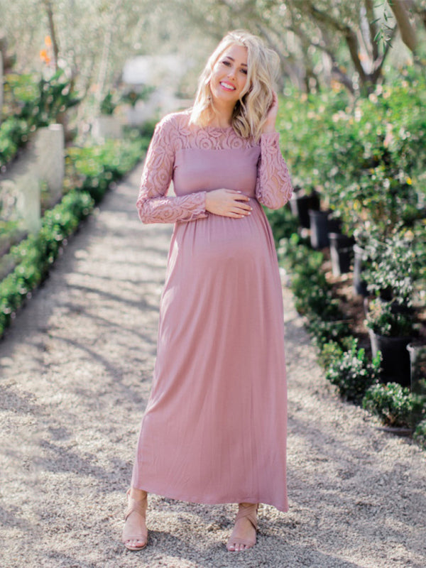 Lace Adorned Neckline Long Sleeve Maxi Maternity Dress - Serenity Land fashion