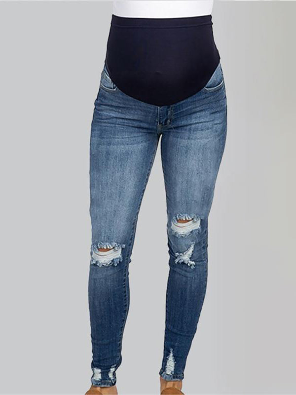 Maternity solid color belly support casual jeans - Serenity Land fashion