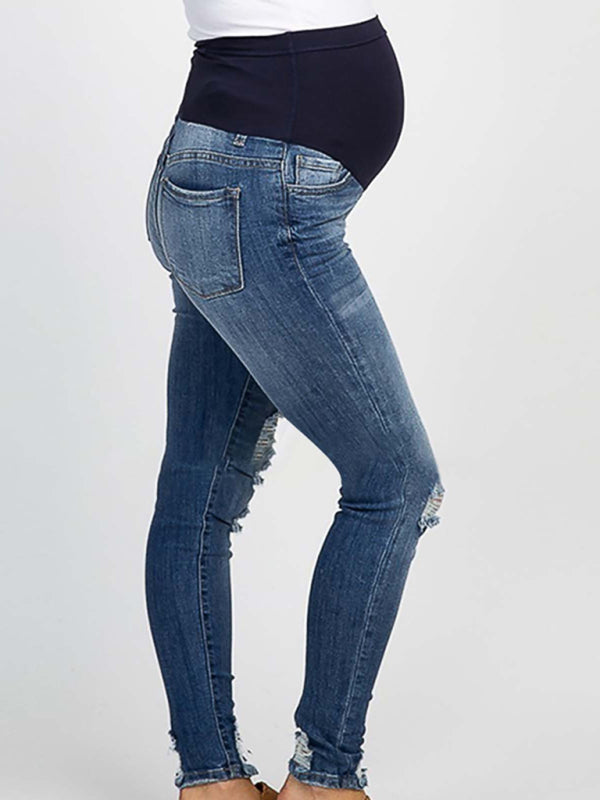 Maternity solid color belly support casual jeans - Serenity Land fashion