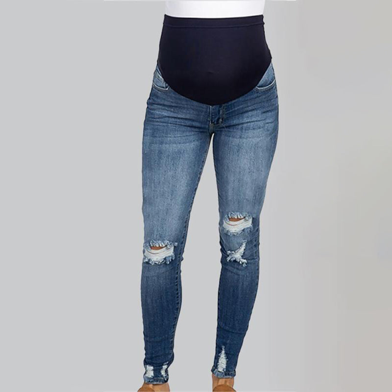 Maternity solid color belly support casual jeans - Serenity Land fashion