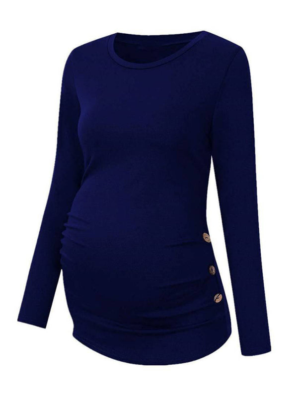 Maternity round neck button long sleeve pleated T-shirt - Serenity Land fashion