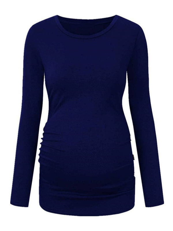 Maternity round neck button long sleeve pleated T-shirt - Serenity Land fashion