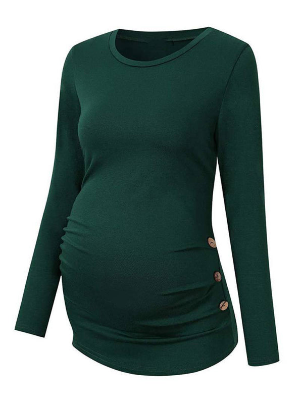 Maternity round neck button long sleeve pleated T-shirt - Serenity Land fashion