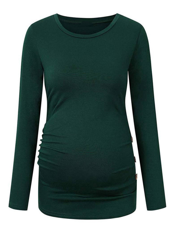 Maternity round neck button long sleeve pleated T-shirt - Serenity Land fashion