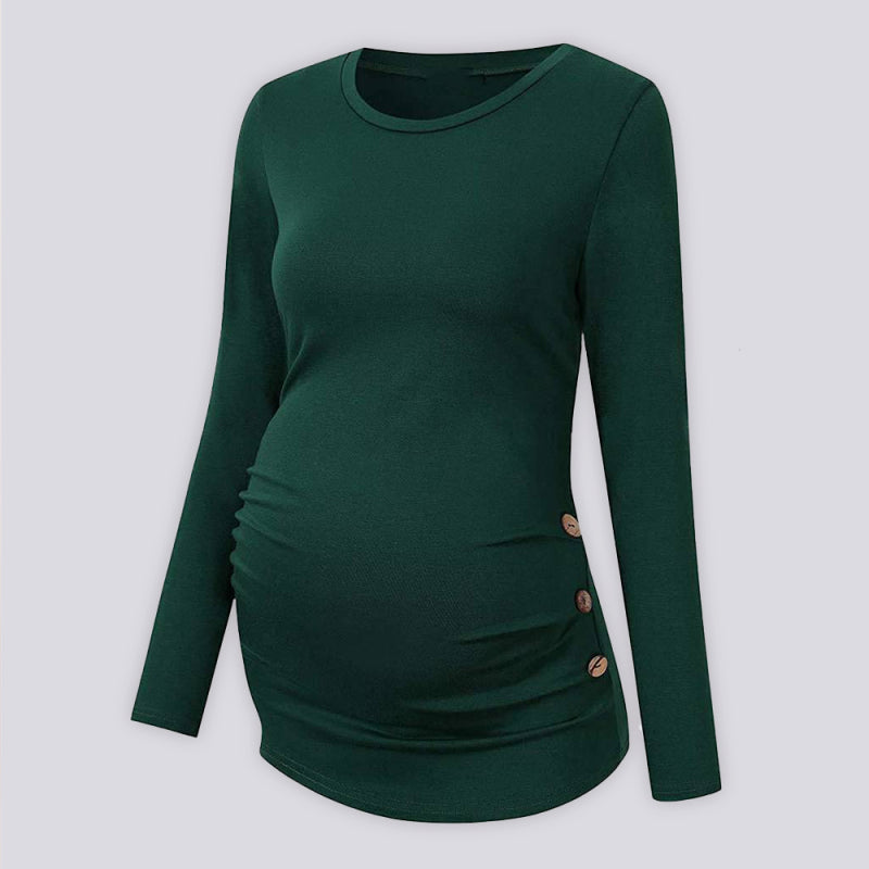 Maternity round neck button long sleeve pleated T-shirt - Serenity Land fashion