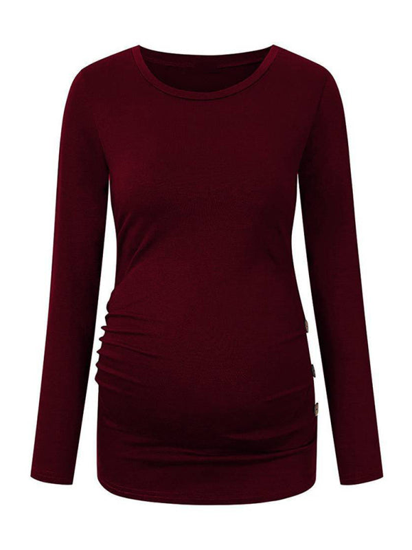 Maternity round neck button long sleeve pleated T-shirt - Serenity Land fashion