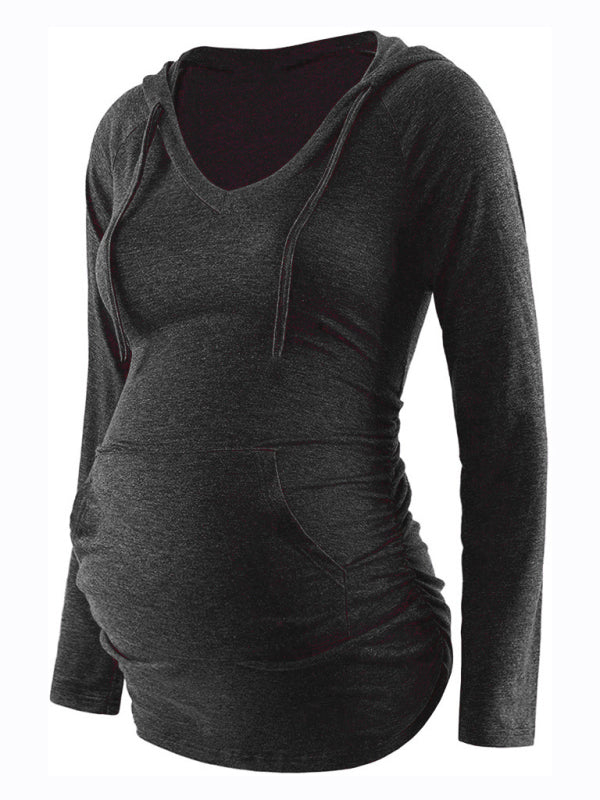 Maternity solid color hooded pocket long-sleeved T-shirt - Serenity Land fashion