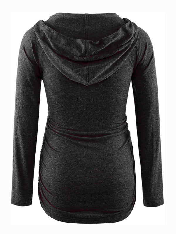 Maternity solid color hooded pocket long-sleeved T-shirt - Serenity Land fashion