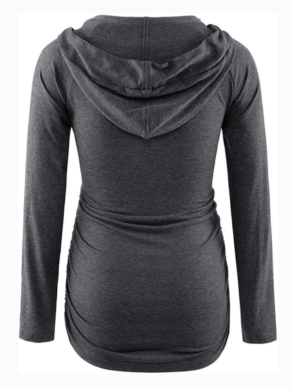 Maternity solid color hooded pocket long-sleeved T-shirt - Serenity Land fashion