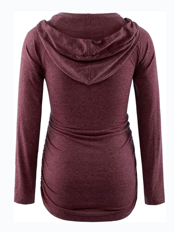 Maternity solid color hooded pocket long-sleeved T-shirt - Serenity Land fashion