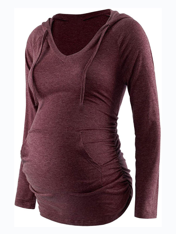 Maternity solid color hooded pocket long-sleeved T-shirt - Serenity Land fashion