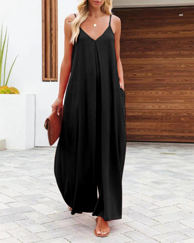 New cross-border solid color side pocket casual jumpsuit - Serenity Land fashion