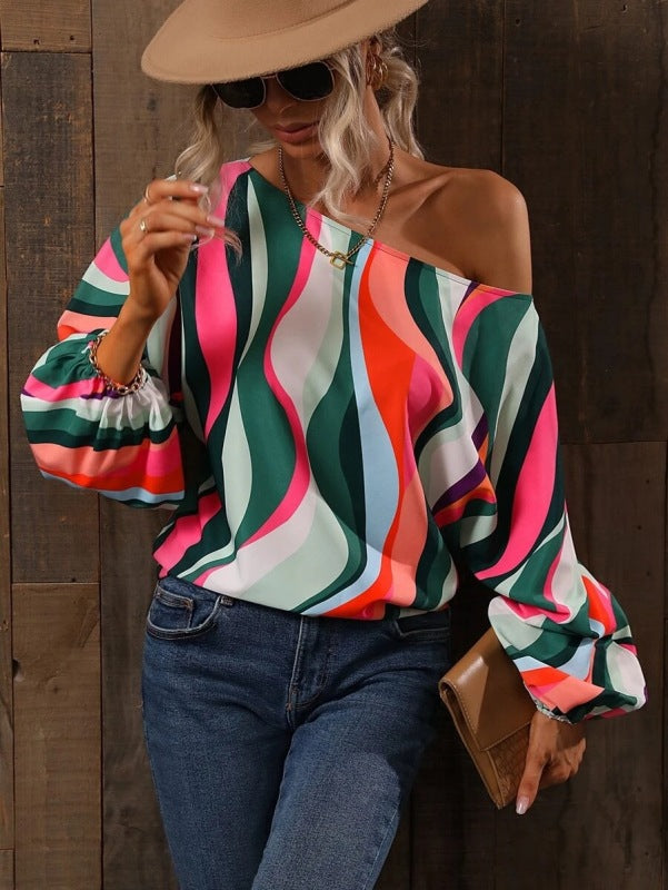 Print One Shoulder Loose Balloon Sleeve Top - Serenity Land fashion