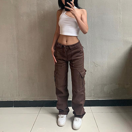 Solid Color Wide Leg Cargo Pants