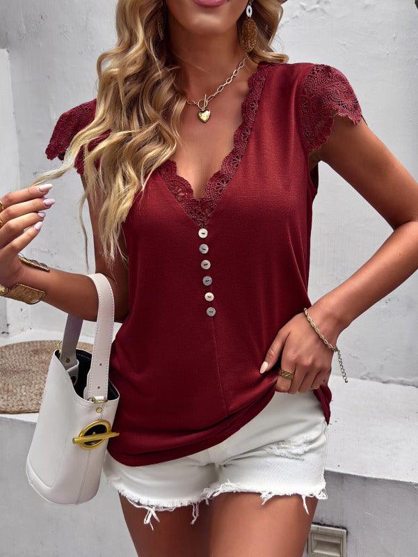 Solid Color V-neck Ruffle Cap Sleeve Blouse - Serenity Land fashion