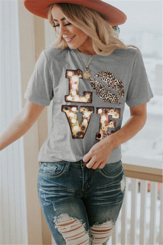 Short Sleeve Leopard Lips Crew Neck Print T-Shirt - Serenity Land fashion