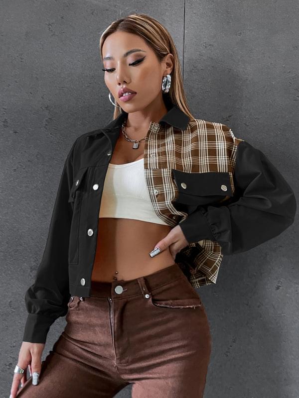 Bi Patterns With Plaid Print Cropped Jacket