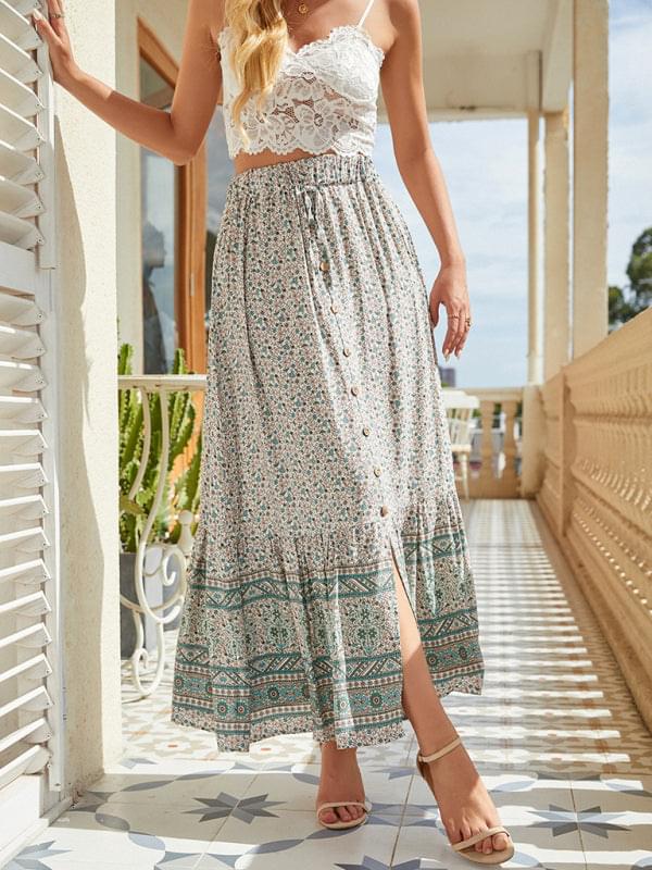 Bohemian Print Elastic Waist Tie Tiered Maxi Skirt