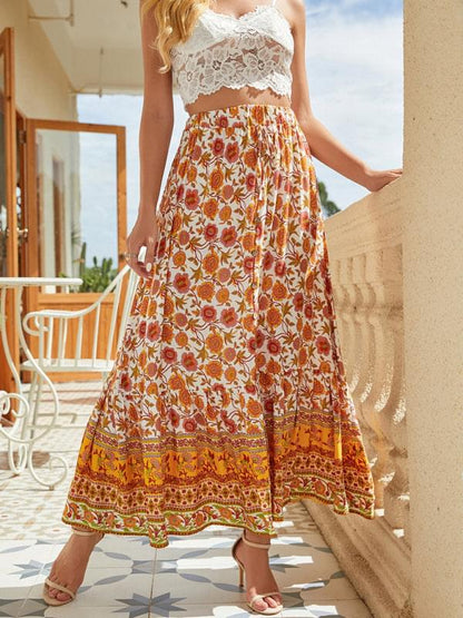 Bohemian Print Elastic Waist Tie Tiered Maxi Skirt