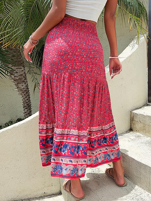 Bohemian Print Pull-on Tiered Linen Blend Maxi Skirt