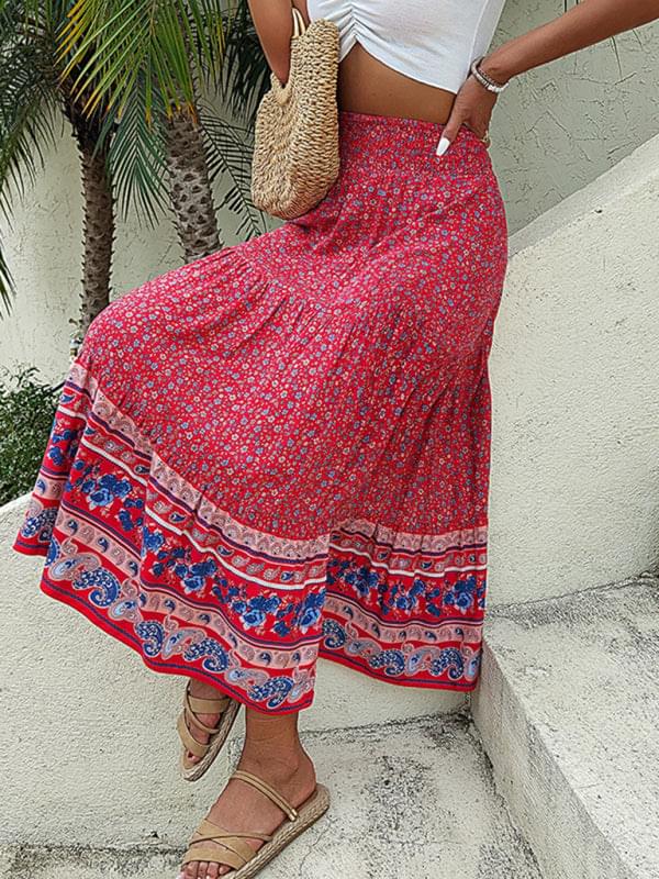 Bohemian Print Pull-on Tiered Linen Blend Maxi Skirt