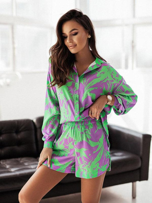 Bright Printed, Long Sleeve Notch Collar Top and Short Set