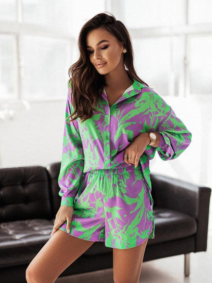 Bright Printed, Long Sleeve Notch Collar Top and Short Set