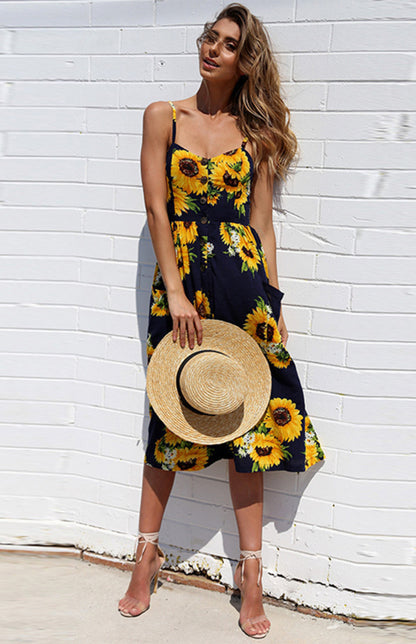 Printed Halter, Button And Backless Dress - Serenity Land fashion
