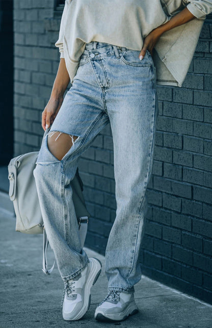 Women's Irregularly Ripped Denim Trousers