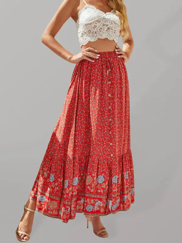 Bohemian Print Elastic Waist Tie Tiered Maxi Skirt - Serenity Land fashion