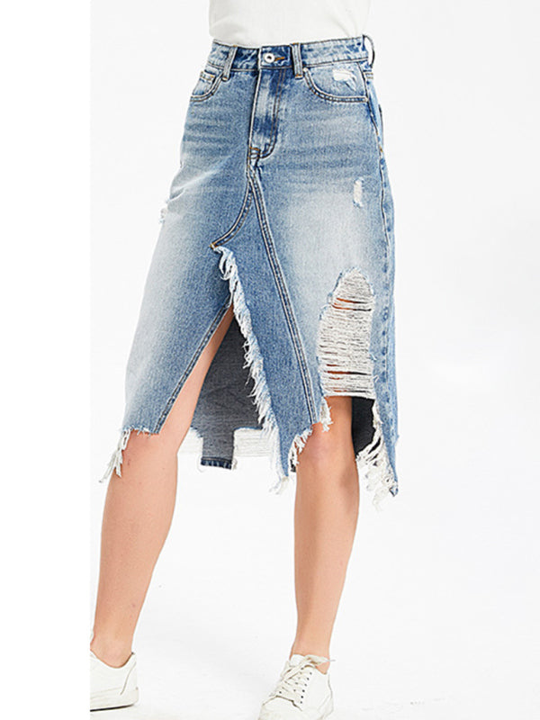 Irregular fringed ripped Denim midi skirt