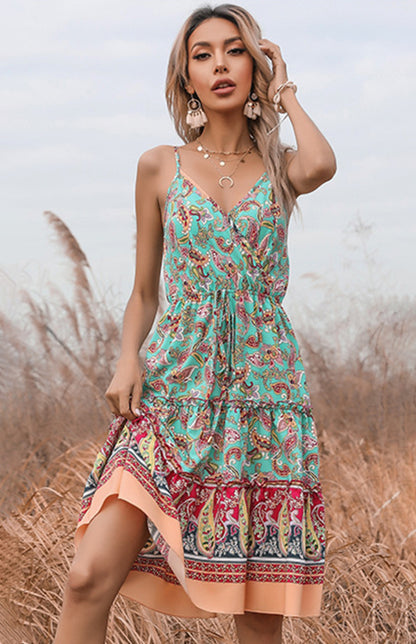 Print Boho V-Neck Slip Dress - Serenity Land fashion