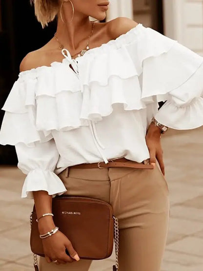 3/4-sleeves Double-ruffled Off-the-shoulder Tie-neck Blouse - Serenity Land fashion